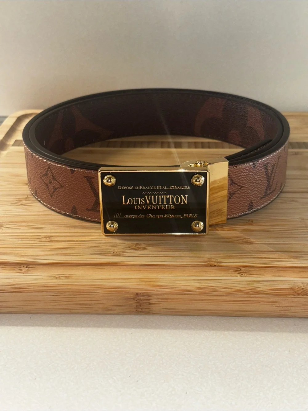 Brand New !!  Black & Brown Monogram Men’s Belt with Gold Plaque